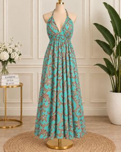 Teal Baroque Print Halter Maxi Dress one size Small to large