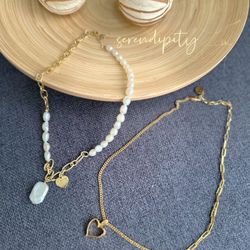 Woman 18K Gold Plated Stainless Steel Pearl Round Charm Necklace 2 pieces