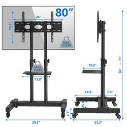 Mobile TV Stand Rolling TV Cart Floor Stand with Mount on Lockable Wheels Height Adjustable for 32-85 Inch TV Stand Flat Screen or Curved TVs Monitors
