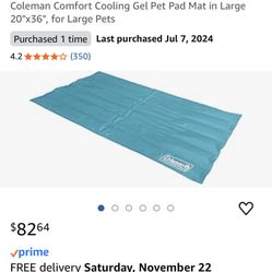 Coleman Comfort Cooling Gel Pet Pad Mat in Large 20"x36", for Large Pets