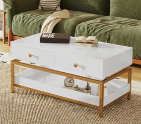 White & Gold Modern Coffee Table with 2 Drawers and Open Shelf