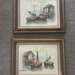 Vintage pair of framed original oil paintings featuring harbor scenes is signed by the artist "Thurman".