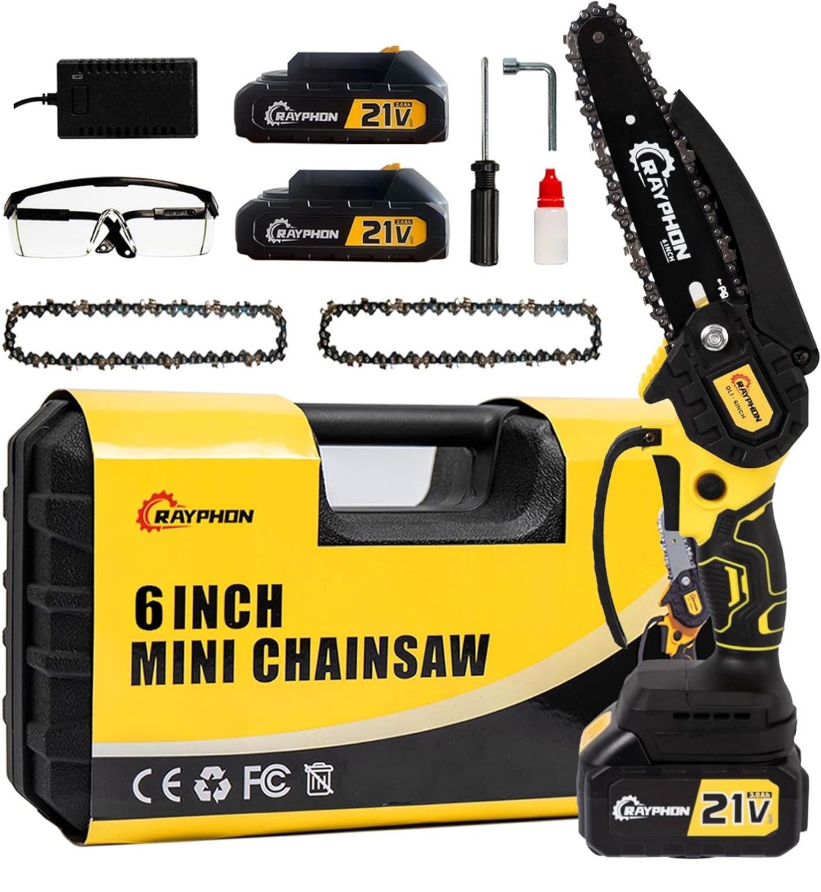 Mini Chainsaw 6-inch Cordless,Battey Powered Easy to Use Handheld Powerful Chainsaw with 2x21V 2.0Ah