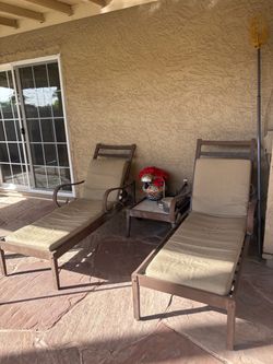 Solid Metal Lounge Chairs Wheeled + Tan Sunbrella Cushions + Matching Table