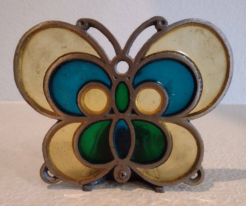 Vintage Metal Stained Glass Butterfly Candle Tea Light Votive Candle Holder 