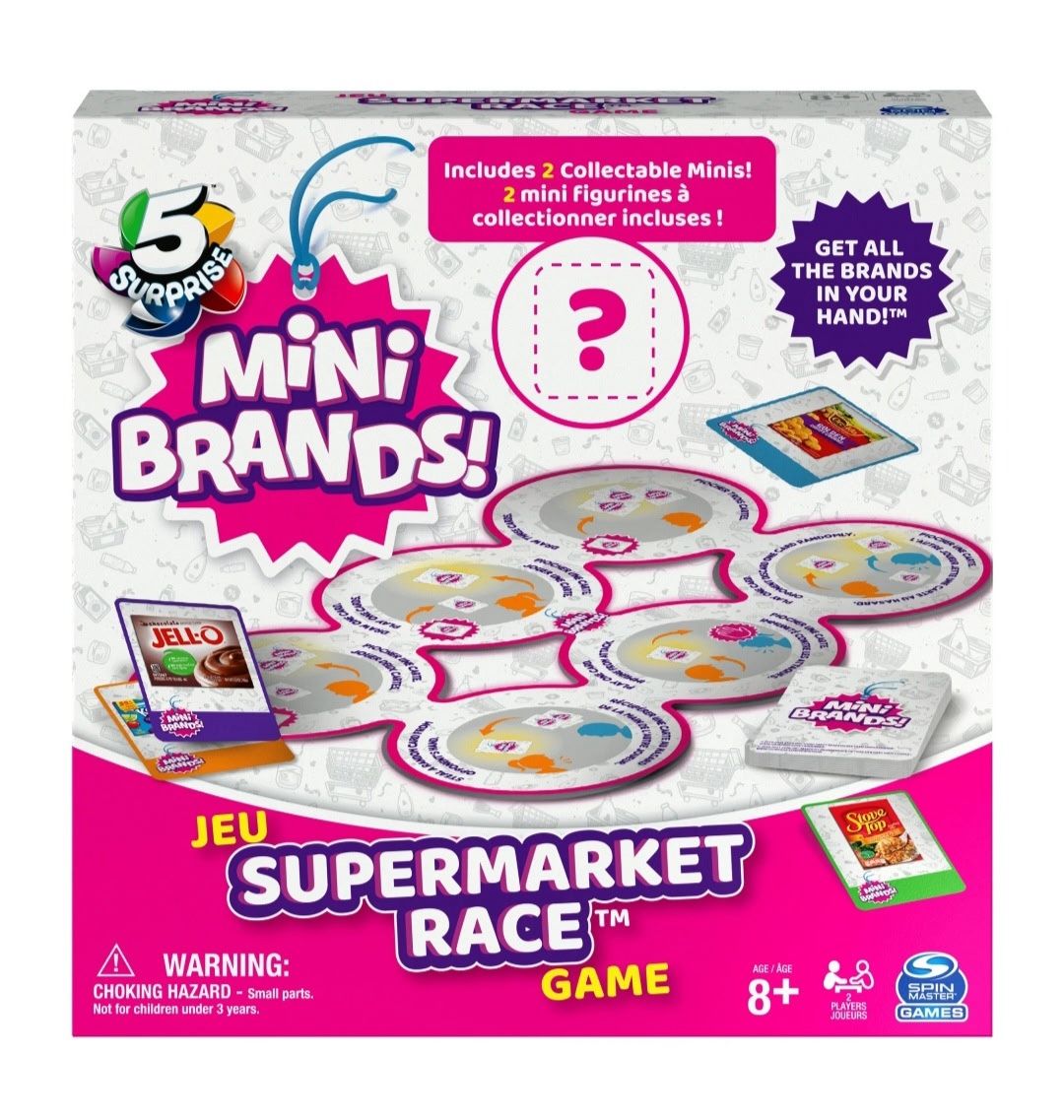 5 Surprise Mini Brands Supermarket Race Board Game by Spin Master, with 2 Collectible Movers for Kids 8 and up