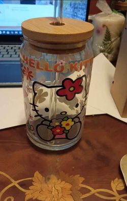 Hello kitty and my melody glass cup with flowers