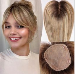 100% Human Hair Toppers - 5.5"×5" for Women, Large-area Simulation Scalp Base 12 inches Top Hairpieces(Ombre Mixed Blonde)