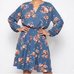 Torrid Blue Floral Smocked Waist V-Neck Mini Dress Plus