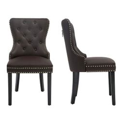 PU Leather Dining Chairs Set of 4, Modern Kitchen Chairs,Dark Brown Solid Wooden Legs & Pull Ring & Nailed Trim, 350 LBS Capacity,Upholstered Kitchen 