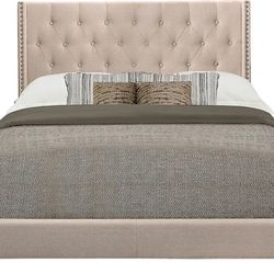 King  Beige Upholstered Bed With Wings  ( NEW In A Box)