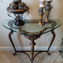 Half moon entry way console table iron and glass