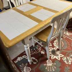 White Wooden Table With Ceramic Tile Inset And 2 Chairs