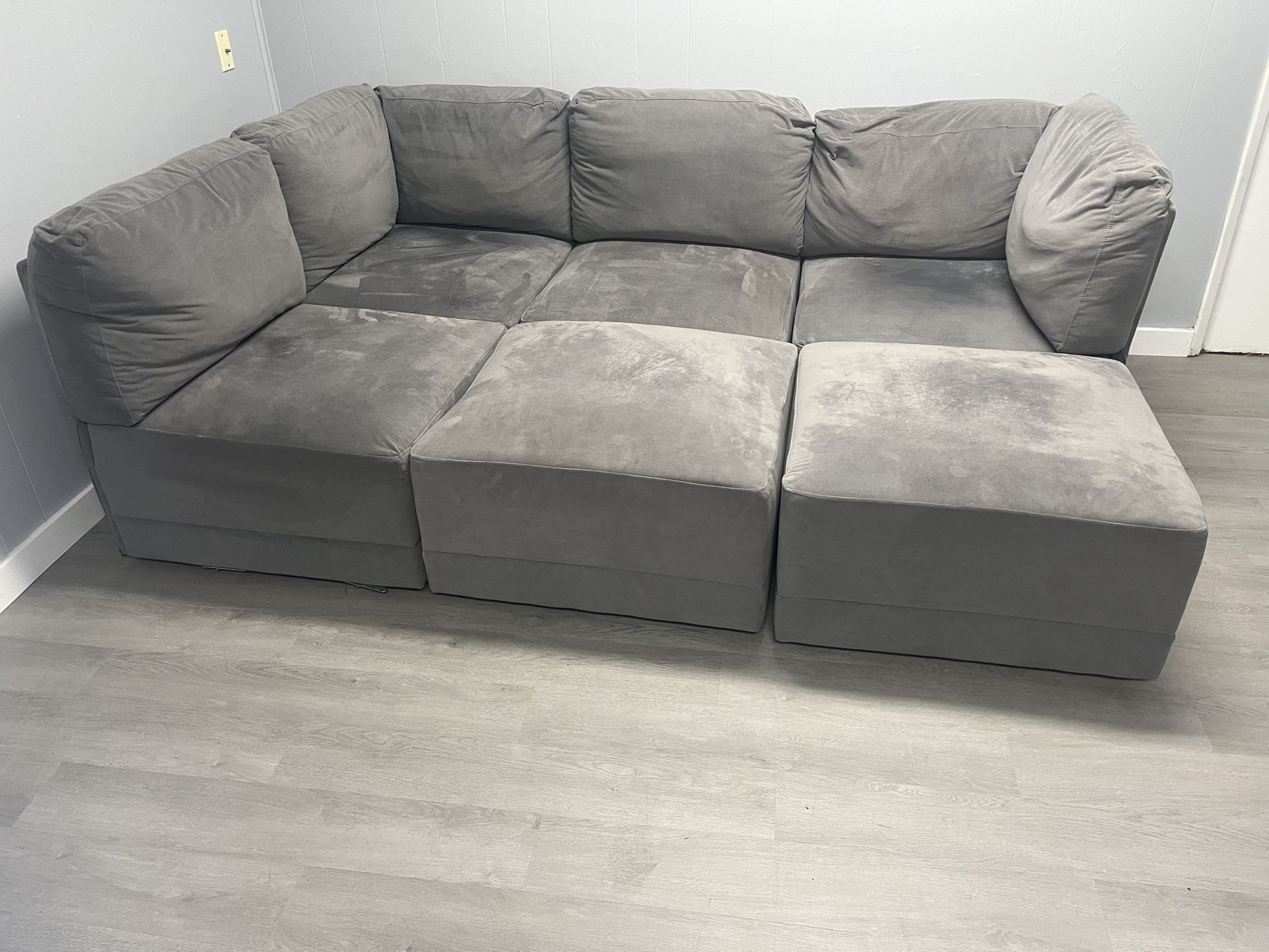 Gray 6 Piece Velvet Modular Sectional Couch