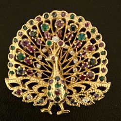 Vintage Sapphire Emerald Ruby Diamond Gold Peacock Brooch