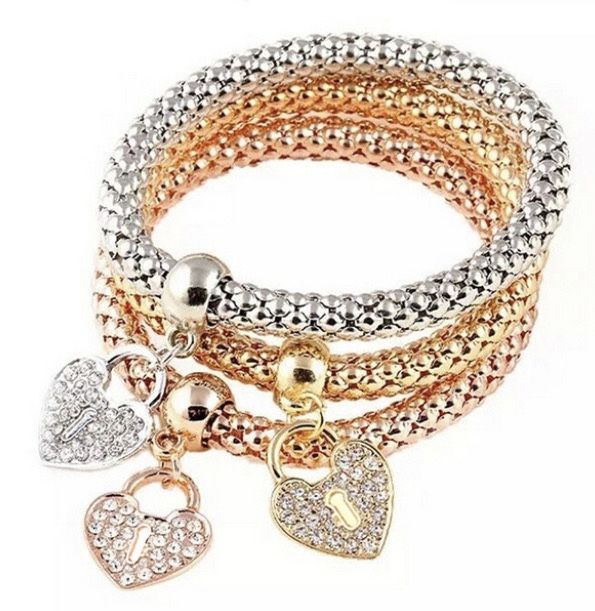 3Pcs Crystal Charm heart bracelet set: rose gold, gold, silver