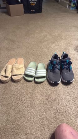 Adidas flops4, tan sandals 9, Nike react presto 100