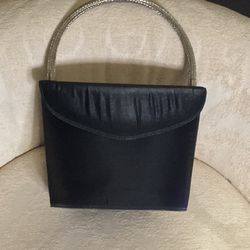 Salvatore Ferragamo Vintage Black Satin with Metal Top Handle Handbag 