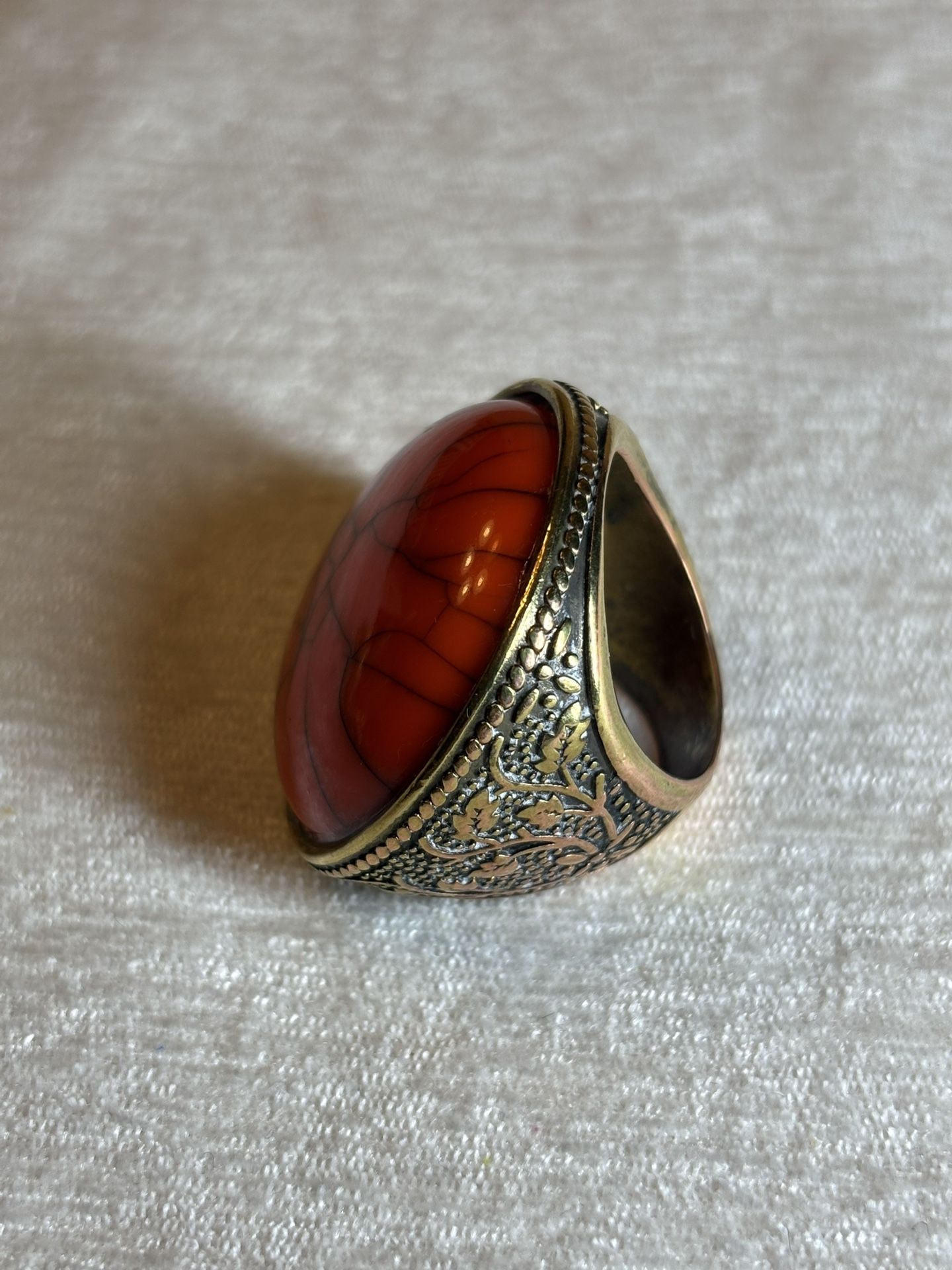 Vintage Brass Carved Flowers Ring With Man Made Blood Stone
