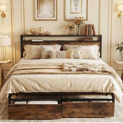 Full size Bed Frame with Storage Headboard, with Drawers and Charging Station, Brown D-41