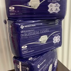 🎁BRAND NEW🎁  MEMBER'S MARK Packs, 15 Ct. Total Protection, Size Medium, Adult Disposabl Briefs Unisex... Value $30