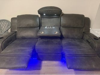 Leather Power Recliner Sofa, Wall Hugger Reclining Sofa with Drop Down Table, Power Headrest, Drawers, Charging Ports, Reclining Sectional Couch for L