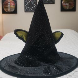 Adult Black Pointed Witches Hat With Shimmering Silver Speckles And Green Glitter Cat Ears! Great For Halloween Or Dress Up!