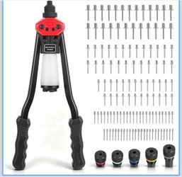 1/4 Rivet Gun Kit, 15-Inch Heavy Duty Pop Rivet Tool 30:1 High-Leverage Riveter with 5 Nosepieces 2.4-6.4 mm, 125 Rivets, Auto Mandrel Collector & Bui