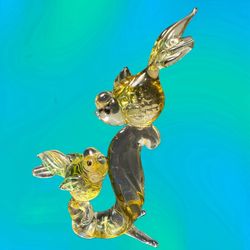 Art Glass Italy MCM Murano Style Goldfish Koi Figurine Sculpture Amber Green, REPAIRED, 4”