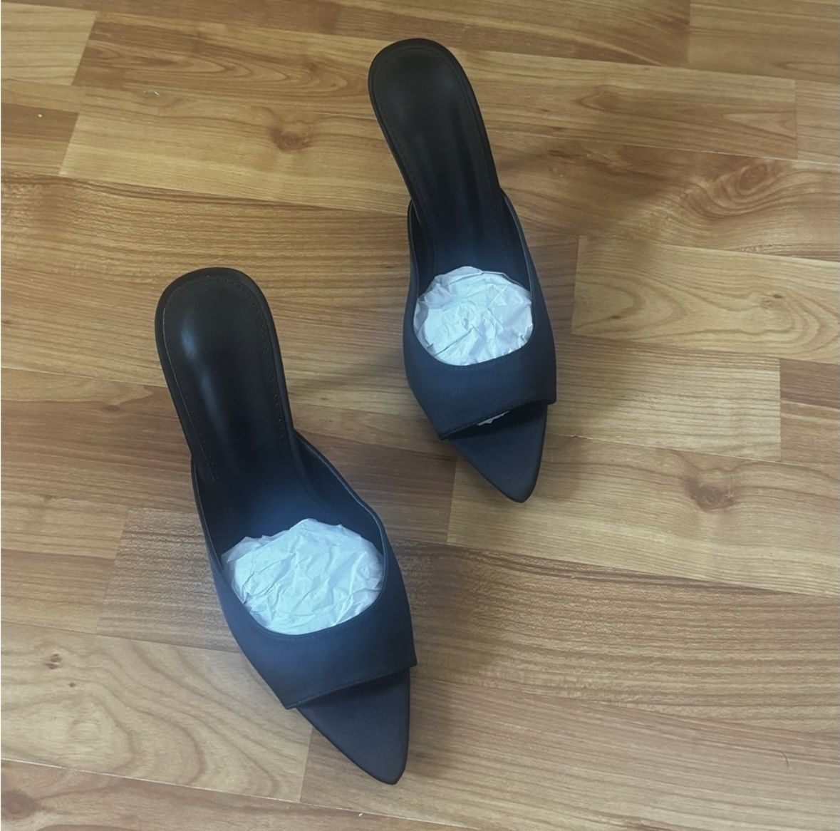 Black satin pointed heels