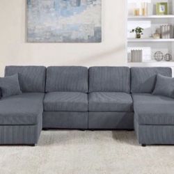 New Dark Or Light Gray Corduroy Double Chaise Sectional Sofa Couch 