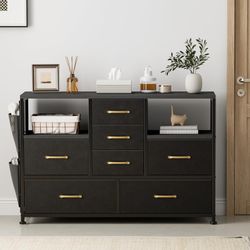 7 Drawers Dresser TV Stand, Organizer Storage Tower with Side Pockets & Storage Shelves, Black