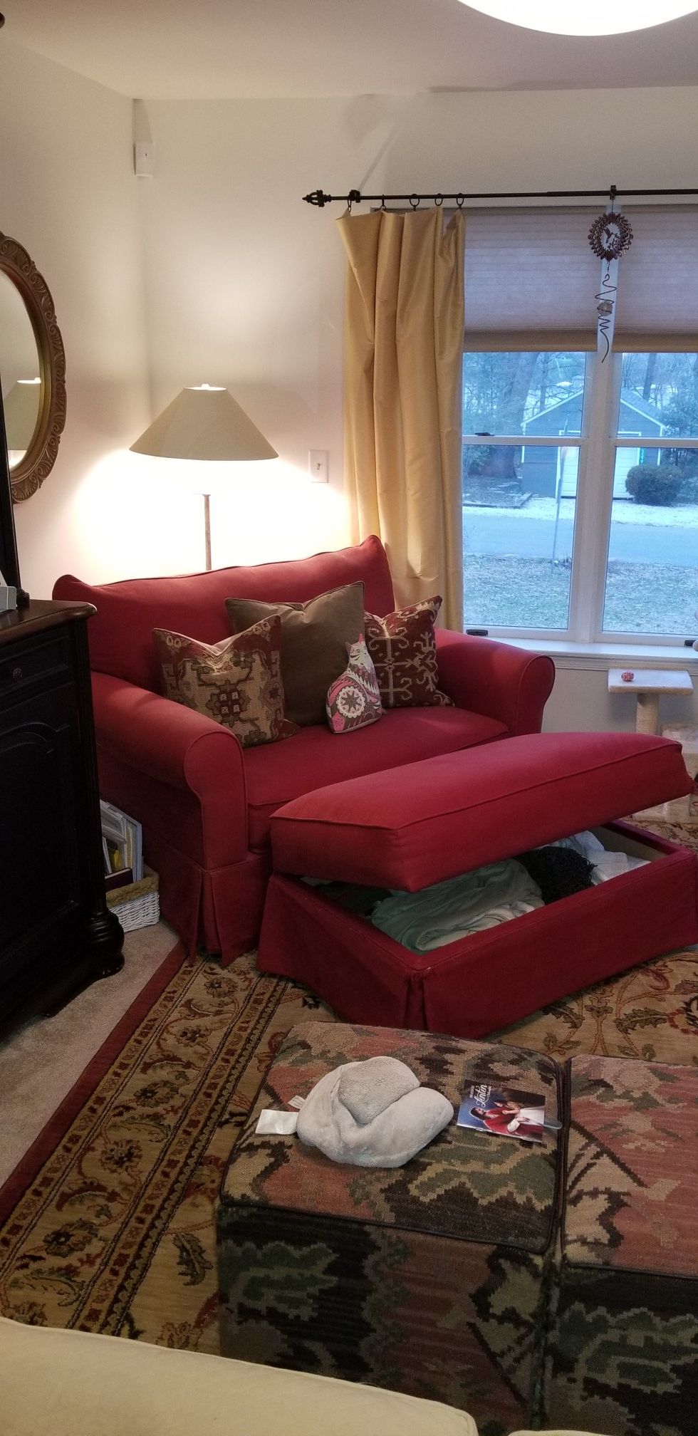 Chair and a half, twin bed pull out, storage ottoman