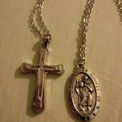 Cross And Saint Christopher Medal On Chains In Perfect Condition 