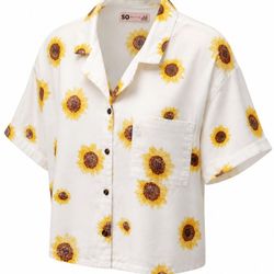 SO Sunflower Crop Shirt White Yellow Floral Button Down Boxy Top