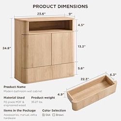 Modern Medicine Cabinet w/Adjustable Shelf, Sliding Drawer & Magnetic Push Latch, Above Toilet Wall Mounted Hanging Storage Cabinet for Bathroom, Natu