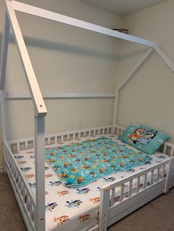 White Wood Kids House Floor Bed Frame