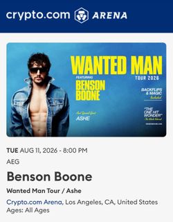 Benson Boone at https://offerup.co/faYXKzQFnY?$deeplink_path=/redirect/ Arena on 8/11