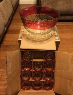 Indiana Glass Ruby Band 13pc. Punch bowl