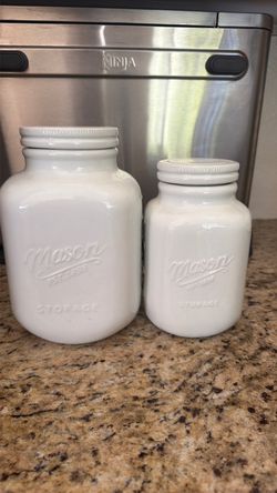 Vintage Farmhouse White Ceramic Mason Jar Storage Canisters - Set of 2