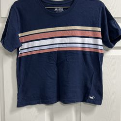 Hollister Women’s Blue Cropped Striped Crewneck T-Shirt - Size Medium - VGUC 
