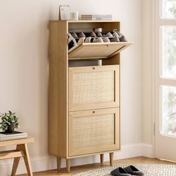 Rattan Shoe Cabinet Narrow Shoe Storage Cabinet with 3 Flip Drawers Hidden Freestanding Shoe Rack Organizer with Wood Legs for Entryway Slim, Hallway,