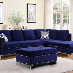 Navy Blue Sectional, Hightop Wooden table & 4 Hightop Chairs 