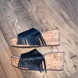 Lands End Black Leather Cork Wedge Heels SZ 8