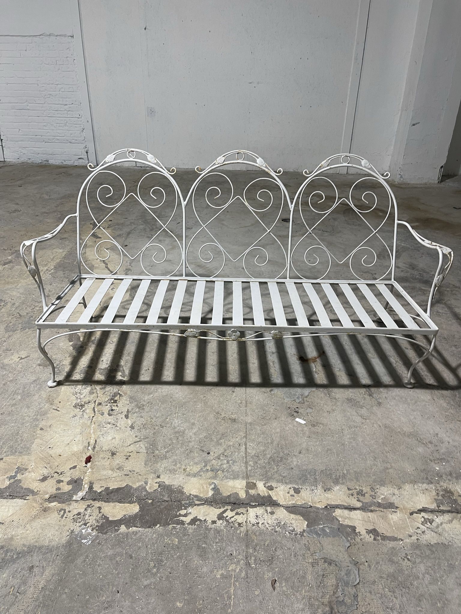 Vintage Outdoor White Wrought Rod Iron Couch Bench