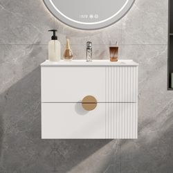  24'' Bathroom Vanity Cabinet with Sink Como, Wall Mounted Floating Cabinet with 2 Drawers, Soft-Close System, Metal Handles,U-Shaped Drawer Design(Wh
