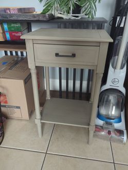 Beige Wood Nightstand with Drawer and Shelf