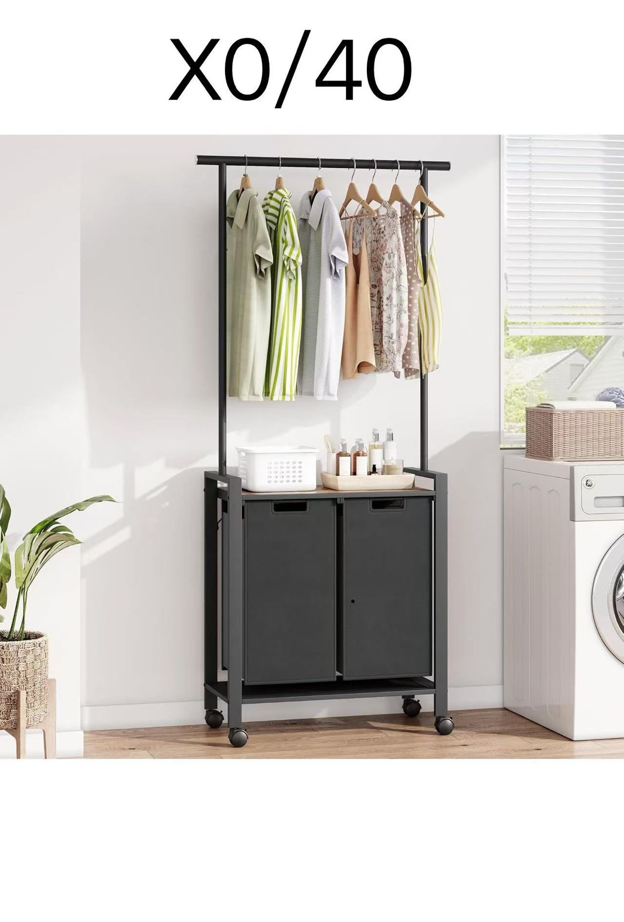Laundry Sorter, Laundry Hamper 2 Section with Hanging Rack, Rolling Laundry Cart on Wheels, Pull-Out and Removable Laundry Basket with Shelf, Rustic B