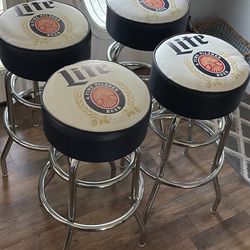 New Lot Of 4 Miller Lite Barstools With Foam Padded Swivel Seat 