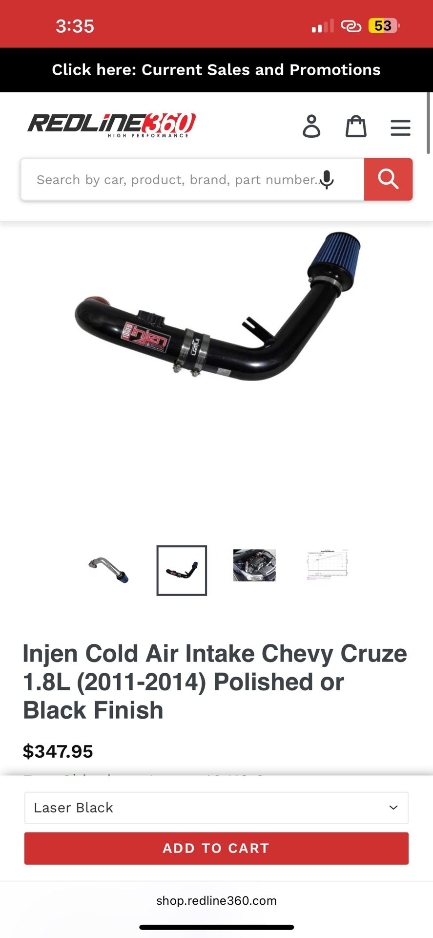 Injen Cold Air Intake Chevy Cruze 1.8L (2011-2014) Polished or Black Finish